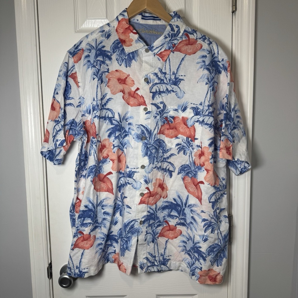 Caribbean Shirt‎ Mens XXL Hawaiian Print Linen Blend Camp Button Pocket Floral